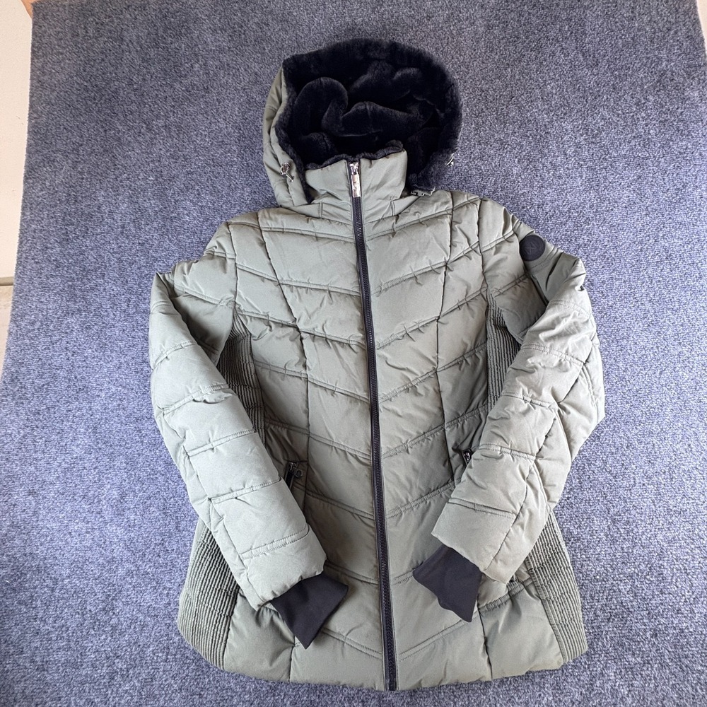Nautica Puffer Jacket Women Medium Olive Green Faux Fur Detachable Hooded Zip Up